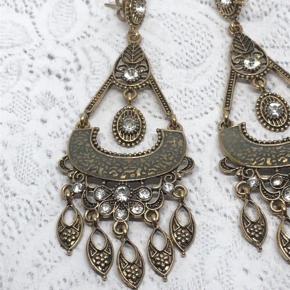 Antiqued brass dangle drop boho long dressy statement earrings makers mark. - Picture 3 of 5